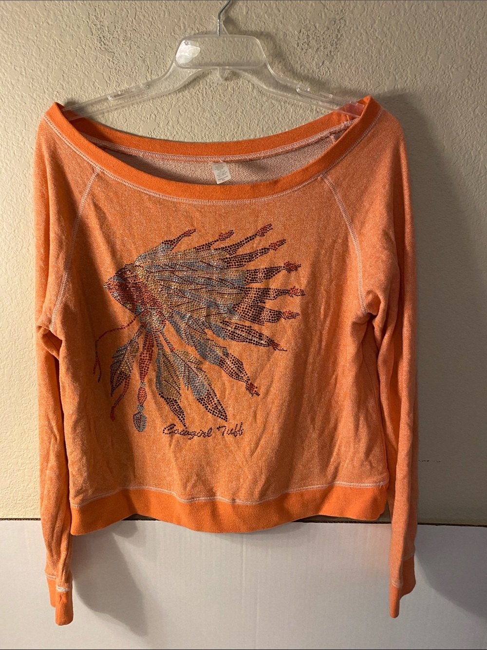 Cowgirl Tuff Orange Rhinestone Feather Crewneck Sweatshirt